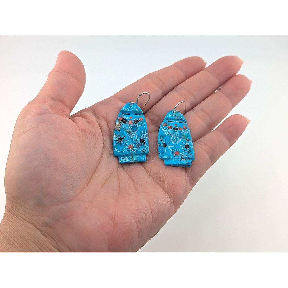 Navajo Dangle Earrings‎ Hand cut Native American Green Turquoise Slab Jewelry ** - Picture 7 of 11